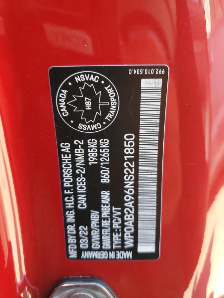 2022 Porsche 911 Carrera S VIN: WP0AB2A96NS221850 Lot: 50175315