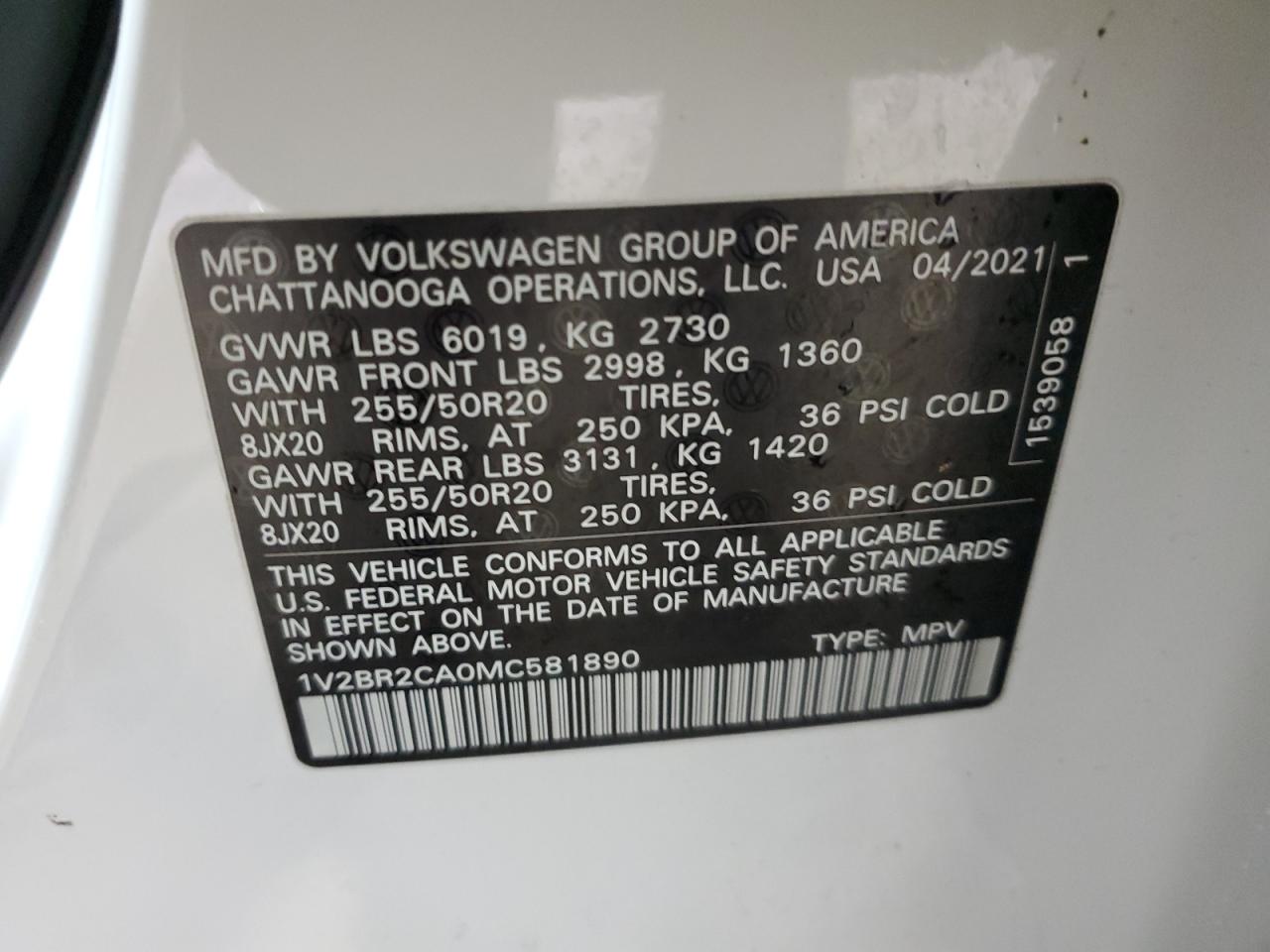 2021 Volkswagen Atlas Sel VIN: 1V2BR2CA0MC581890 Lot: 49646715
