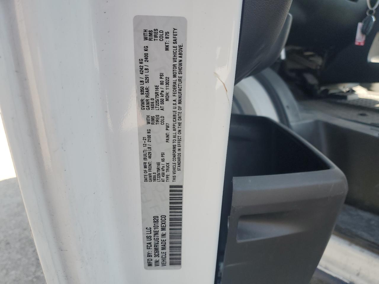 2022 Ram Promaster 3500 3500 High VIN: 3C6MRVJG7NE101820 Lot: 84687314
