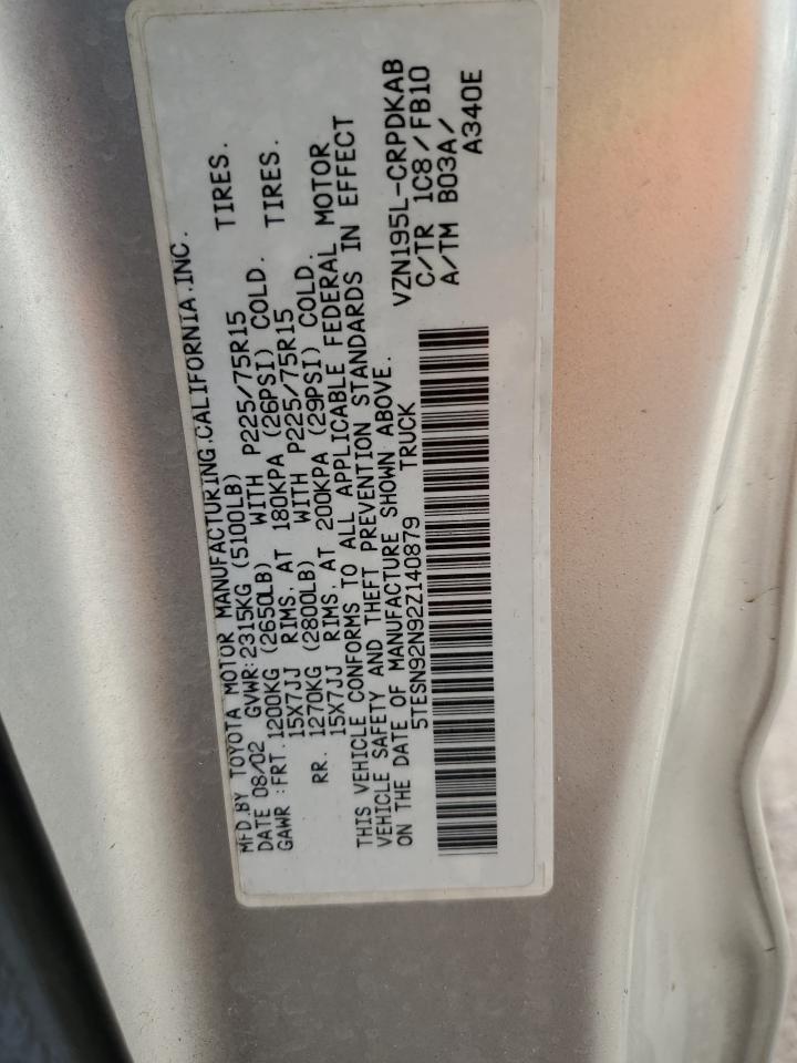 2002 Toyota Tacoma Xtracab Prerunner VIN: 5TESN92N92Z140879 Lot: 50288205