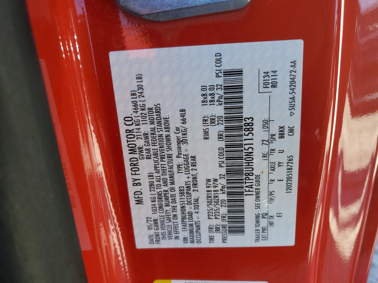 2022 Ford Mustang VIN: 1FATP8UH0N5115883 Lot: 49537545