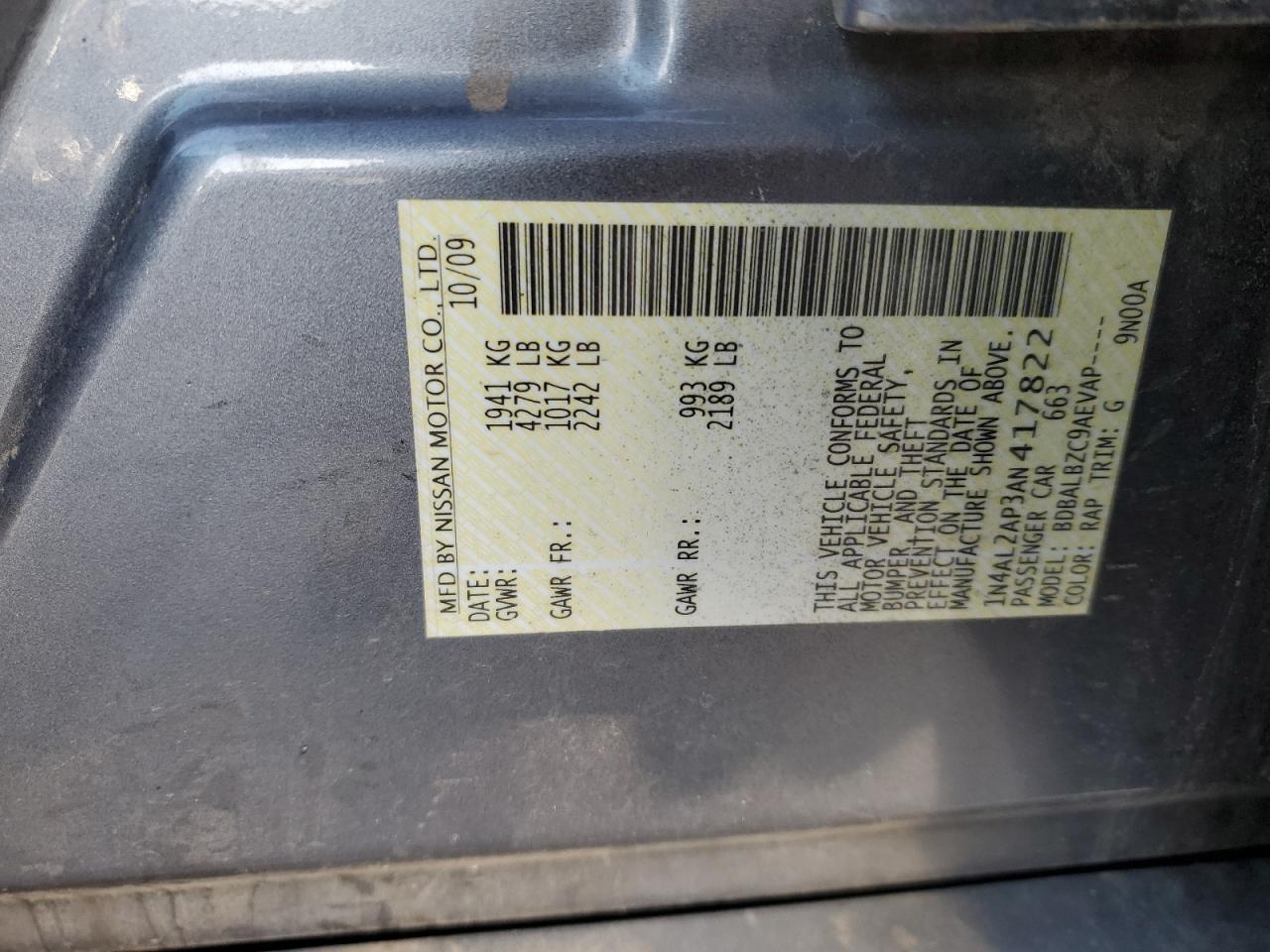 2010 Nissan Altima Base VIN: 1N4AL2AP3AN417822 Lot: 49244485