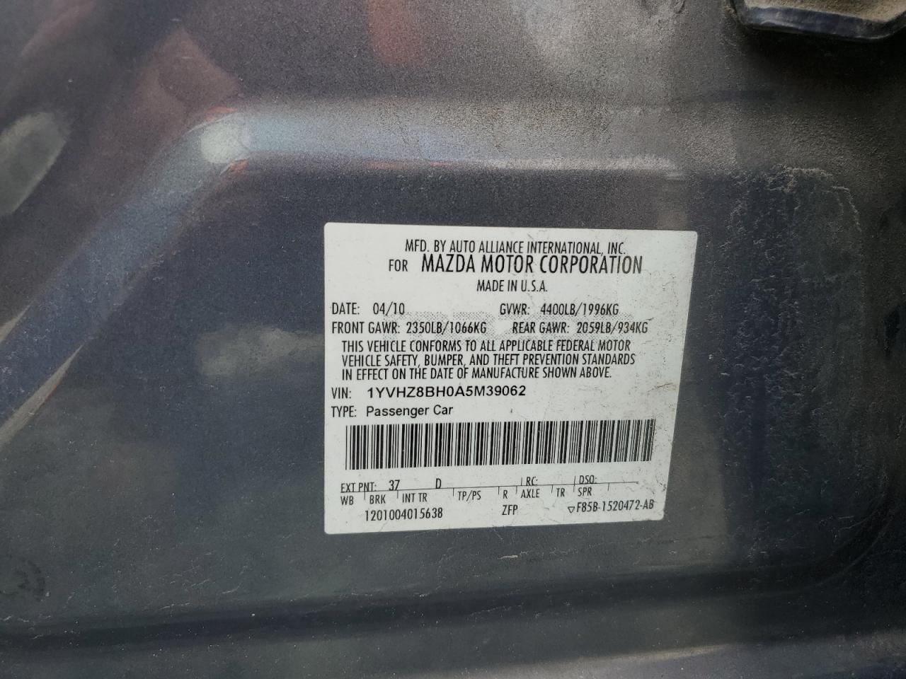 2010 Mazda 6 I VIN: 1YVHZ8BH0A5M39062 Lot: 47722405