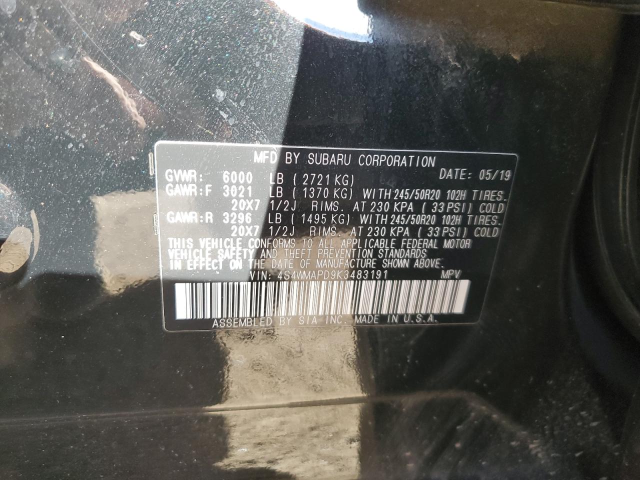 2019 Subaru Ascent Limited VIN: 4S4WMAPD9K3483191 Lot: 49511005