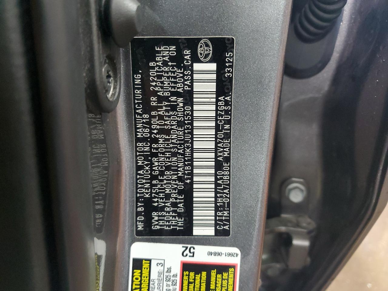 4T1B11HK3JU131530 TOYOTA CAMRY 2018
