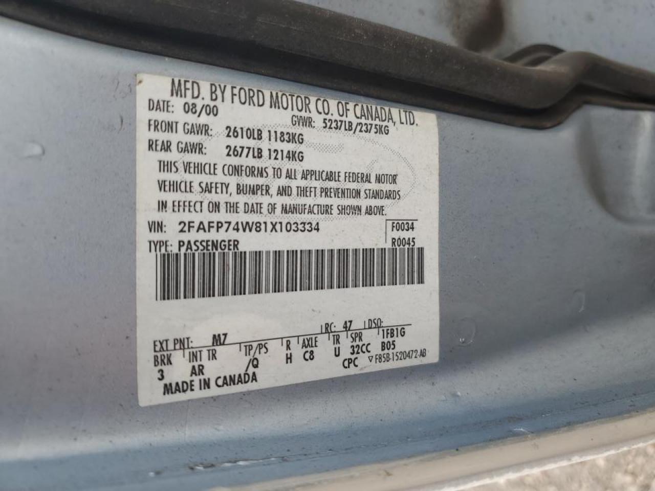 2001 Ford Crown Victoria Lx VIN: 2FAFP74W81X103334 Lot: 50603315