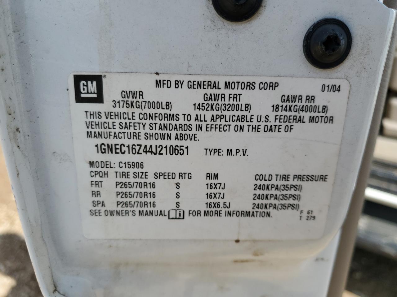 2004 Chevrolet Suburban C1500 VIN: 1GNEC16Z44J210651 Lot: 48733965