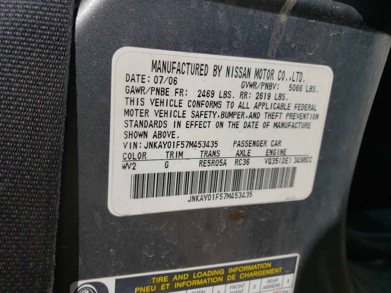 2007 Infiniti M35 Base VIN: JNKAY01F57M453435 Lot: 49746545