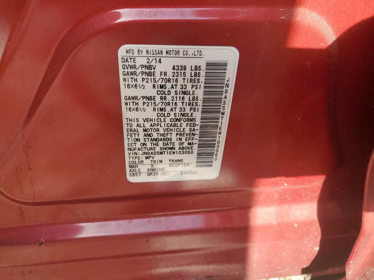 2014 Nissan Rogue Select S VIN: JN8AS5MT1EW103050 Lot: 50082945