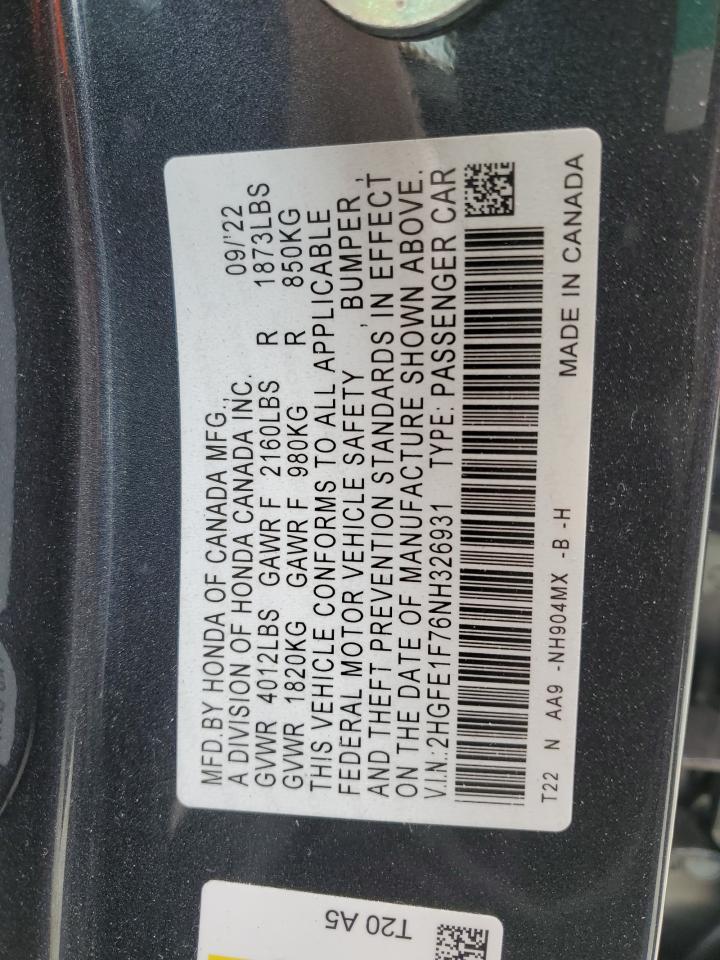 2HGFE1F76NH326931 HONDA CIVIC 2022