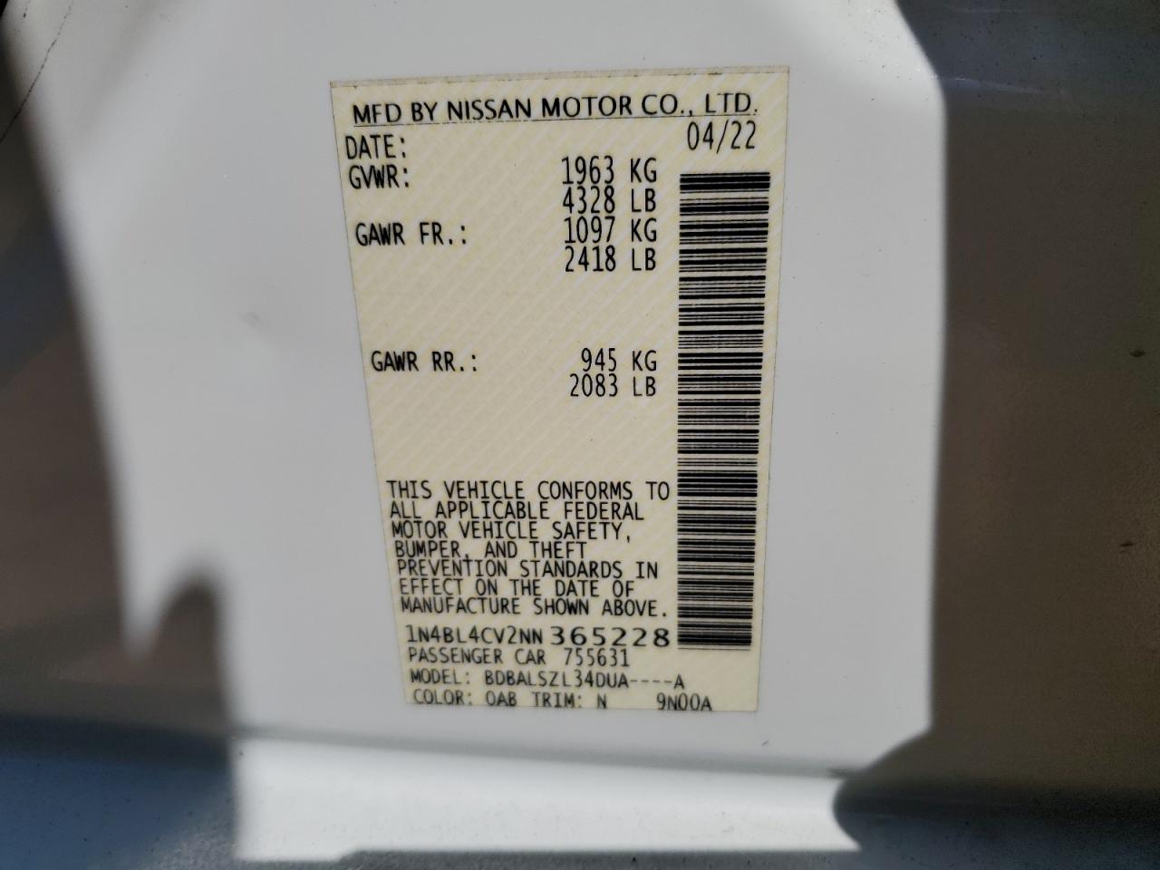 2022 Nissan Altima Sr VIN: 1N4BL4CV2NN365228 Lot: 49472295