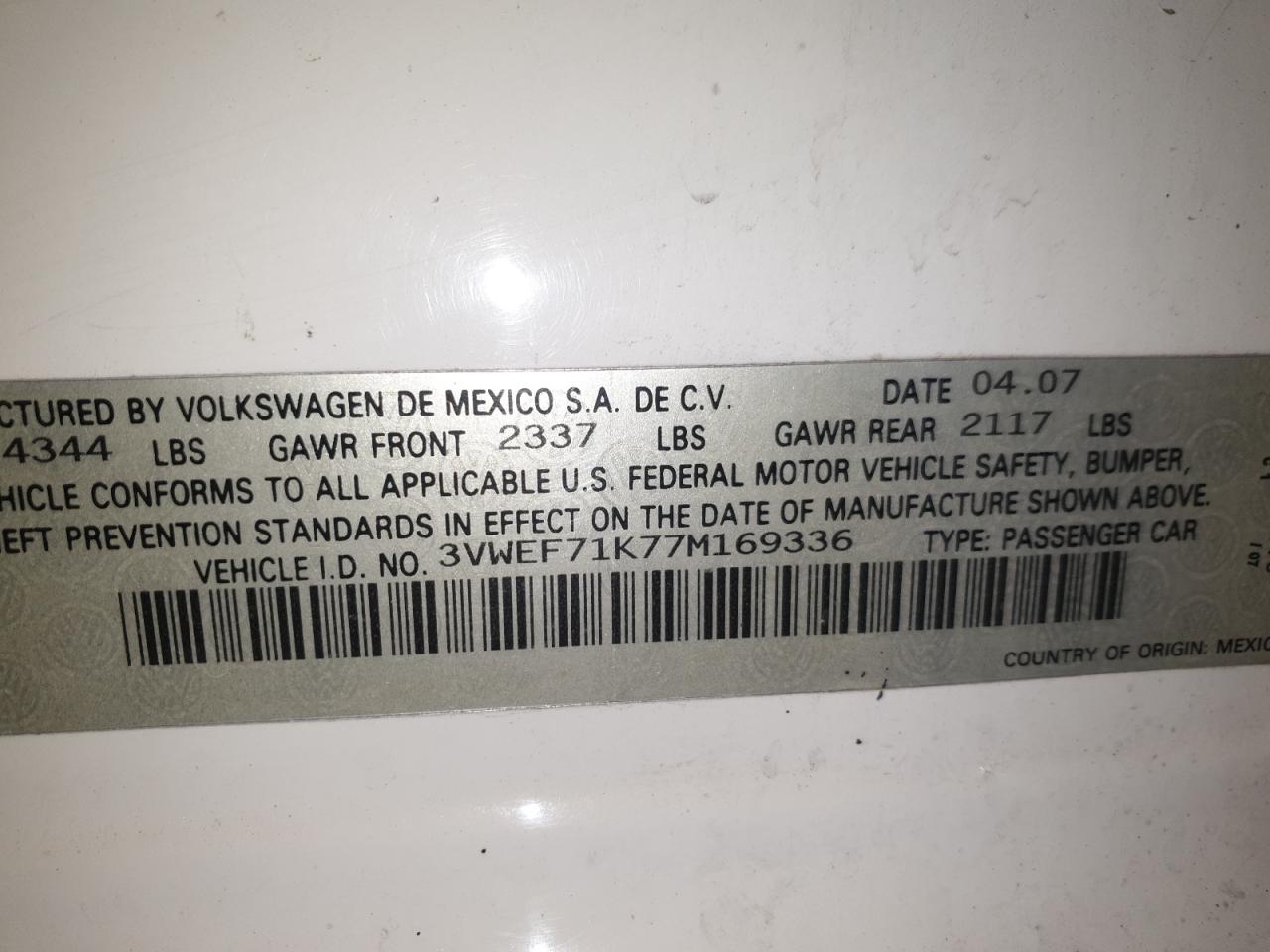 2007 Volkswagen Jetta Wolfsburg VIN: 3VWEF71K77M169336 Lot: 50278415