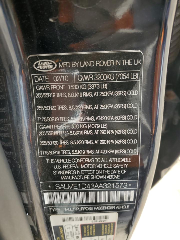2010 Land Rover Range Rover Hse VIN: SALME1D43AA321573 Lot: 48726405
