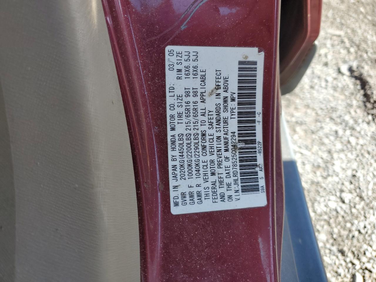 2005 Honda Cr-V VIN: JHLRD7852C042294 Lot: 49335315