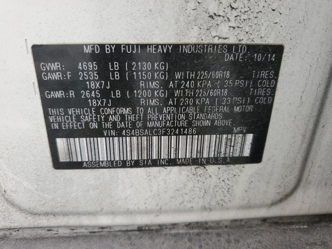 2015 Subaru Outback 2.5I Limited VIN: 4S4BSALC3F3241486 Lot: 48126375