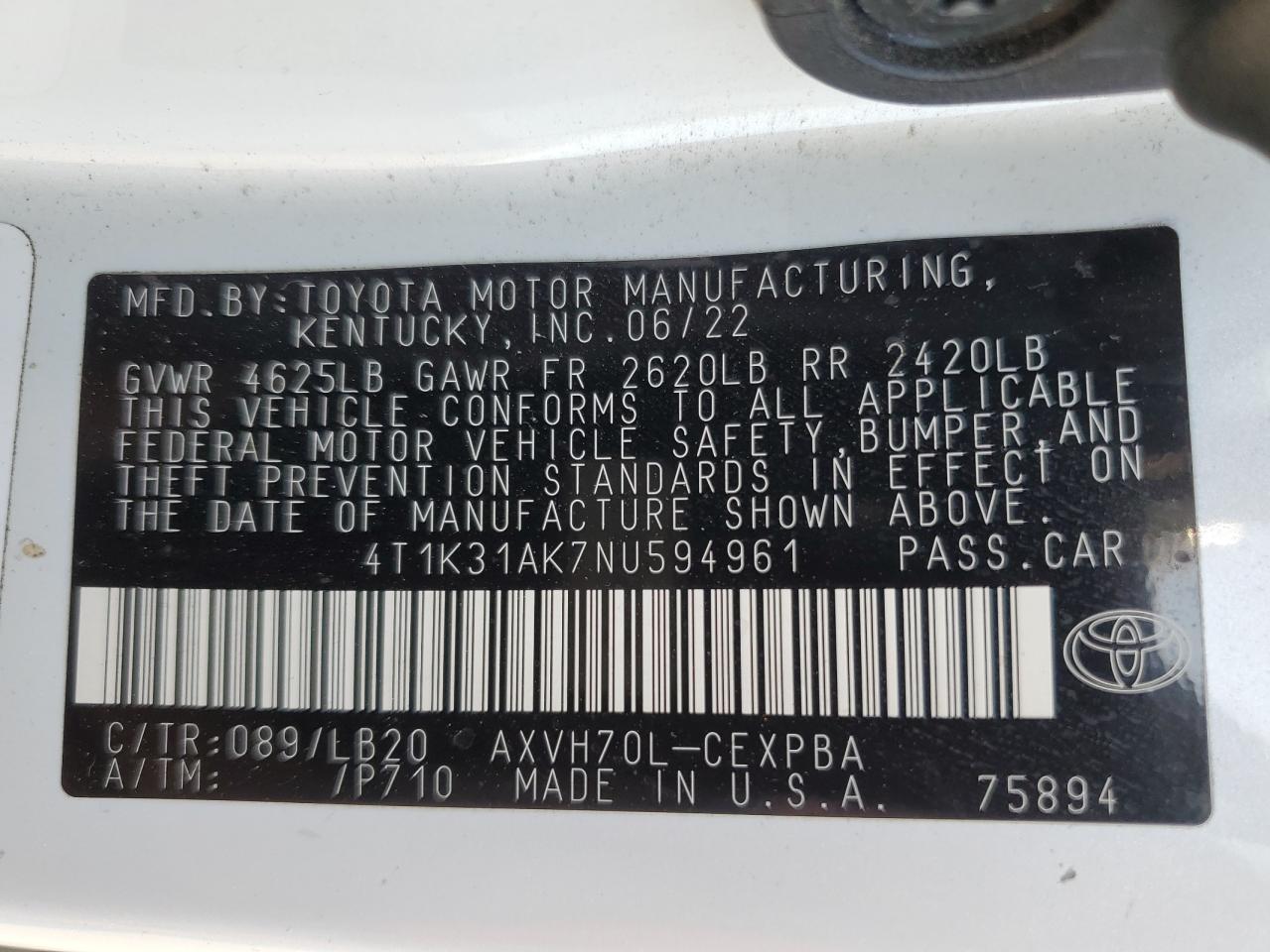 2022 Toyota Camry Xse VIN: 4T1K31AK7NU594961 Lot: 50452925