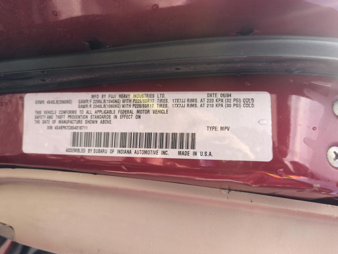 2005 Subaru Legacy Outback 2.5 Xt Limited VIN: 4S4BP67C654318711 Lot: 50595645