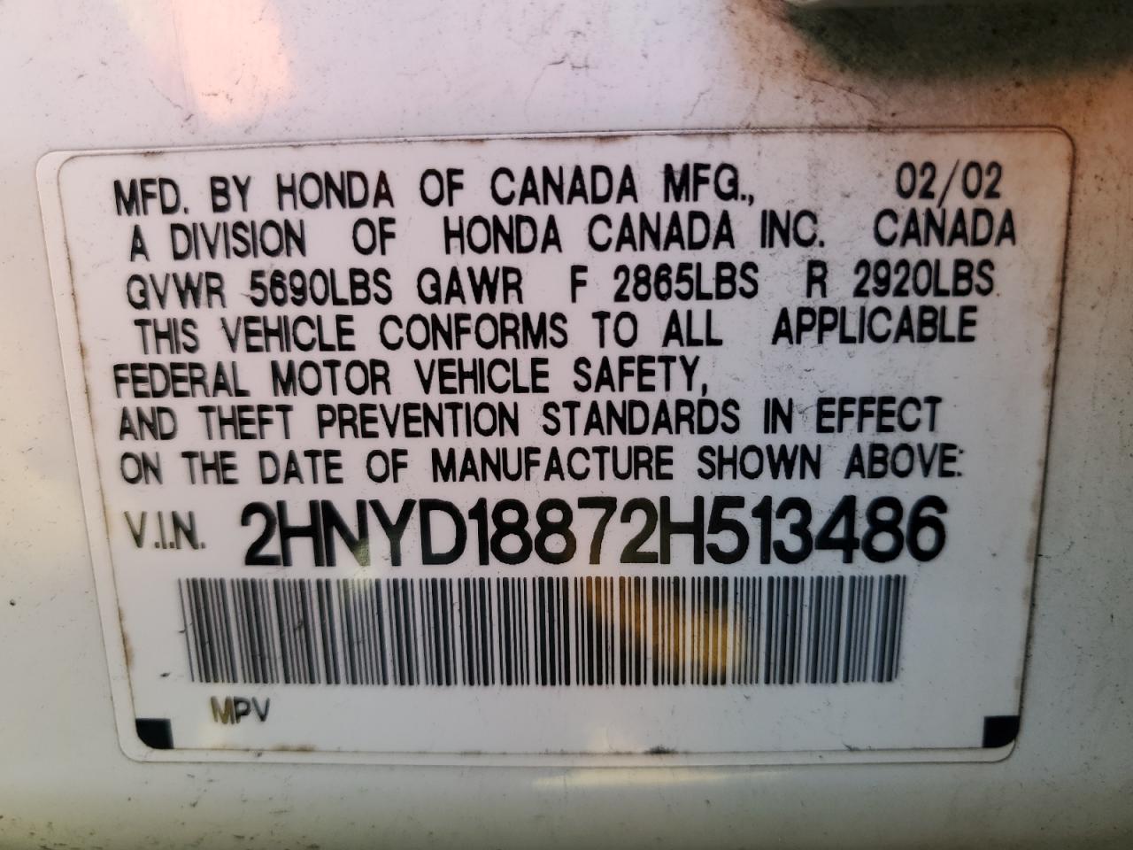 2002 Acura Mdx Touring VIN: 2HNYD18872H513486 Lot: 47968165