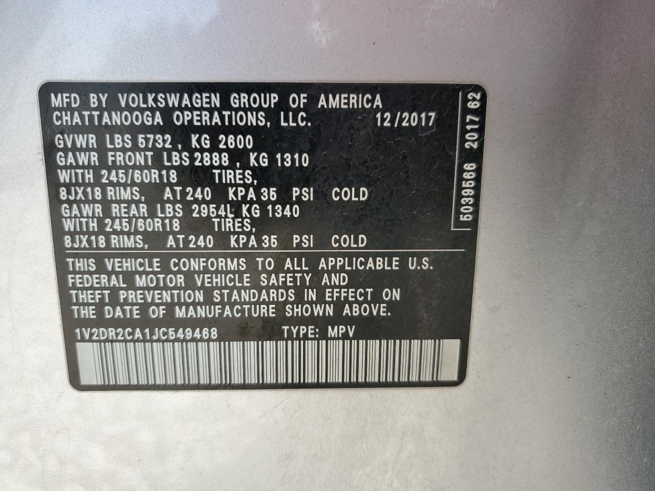 2018 Volkswagen Atlas Se VIN: 1V2DR2CA1JC549468 Lot: 47645205