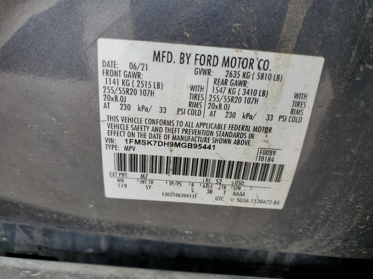 2021 Ford Explorer Xlt VIN: 1FMSK7DH9MGB95441 Lot: 51189315