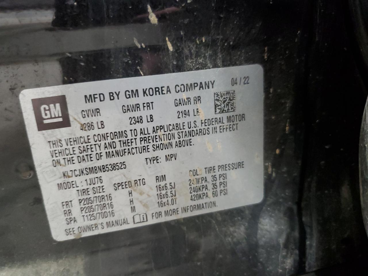 2022 Chevrolet Trax Ls VIN: KL7CJKSM8NB538525 Lot: 47769085