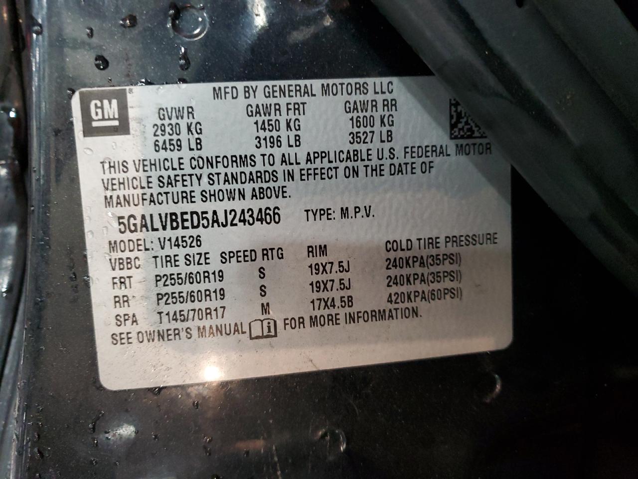 2010 Buick Enclave Cxl VIN: 5GALVBED5AJ243466 Lot: 49914545