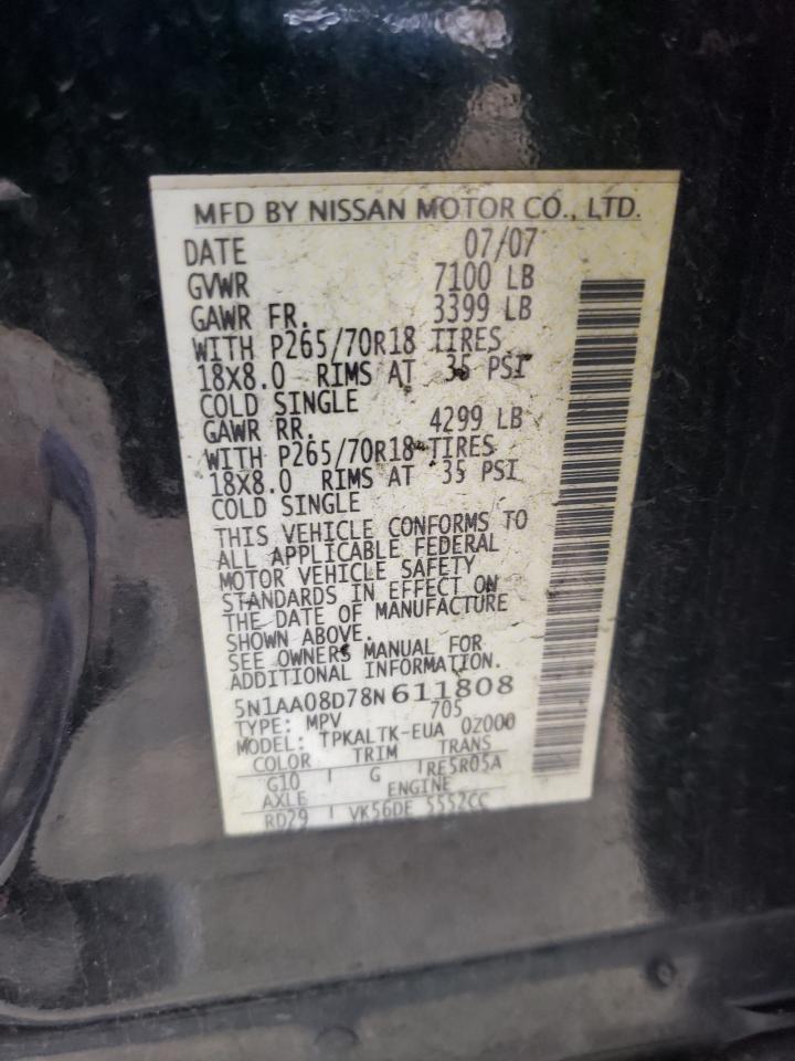 2008 Nissan Armada Se VIN: 5N1AA08D78N611808 Lot: 47884385