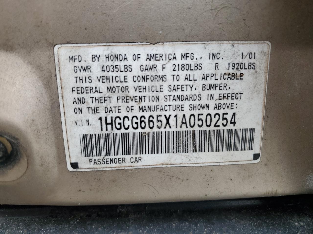 2001 Honda Accord Lx VIN: 1HGCG665X1A050254 Lot: 51138965
