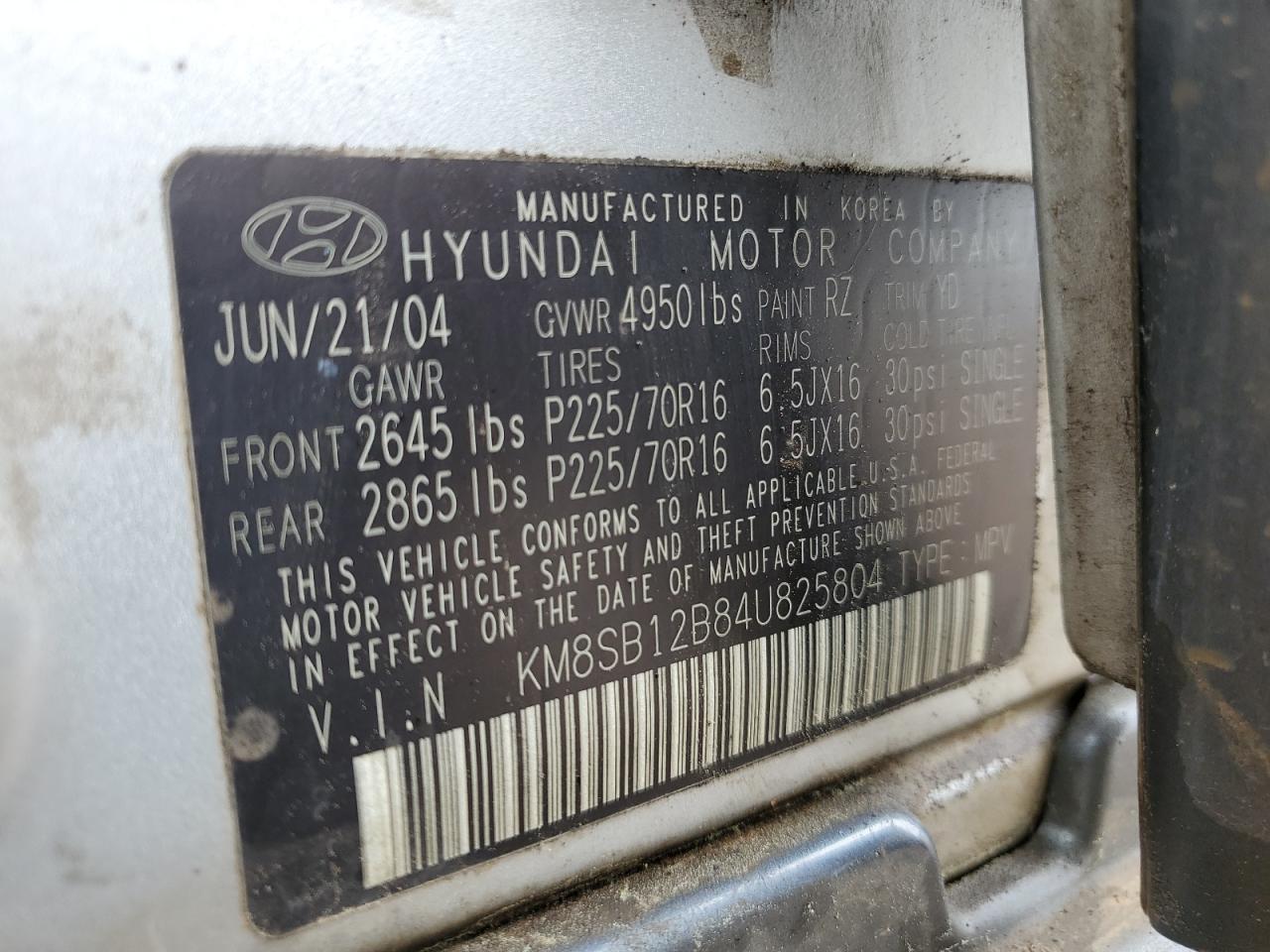 2004 Hyundai Santa Fe Gl VIN: KM8SB12B84U825804 Lot: 51107585