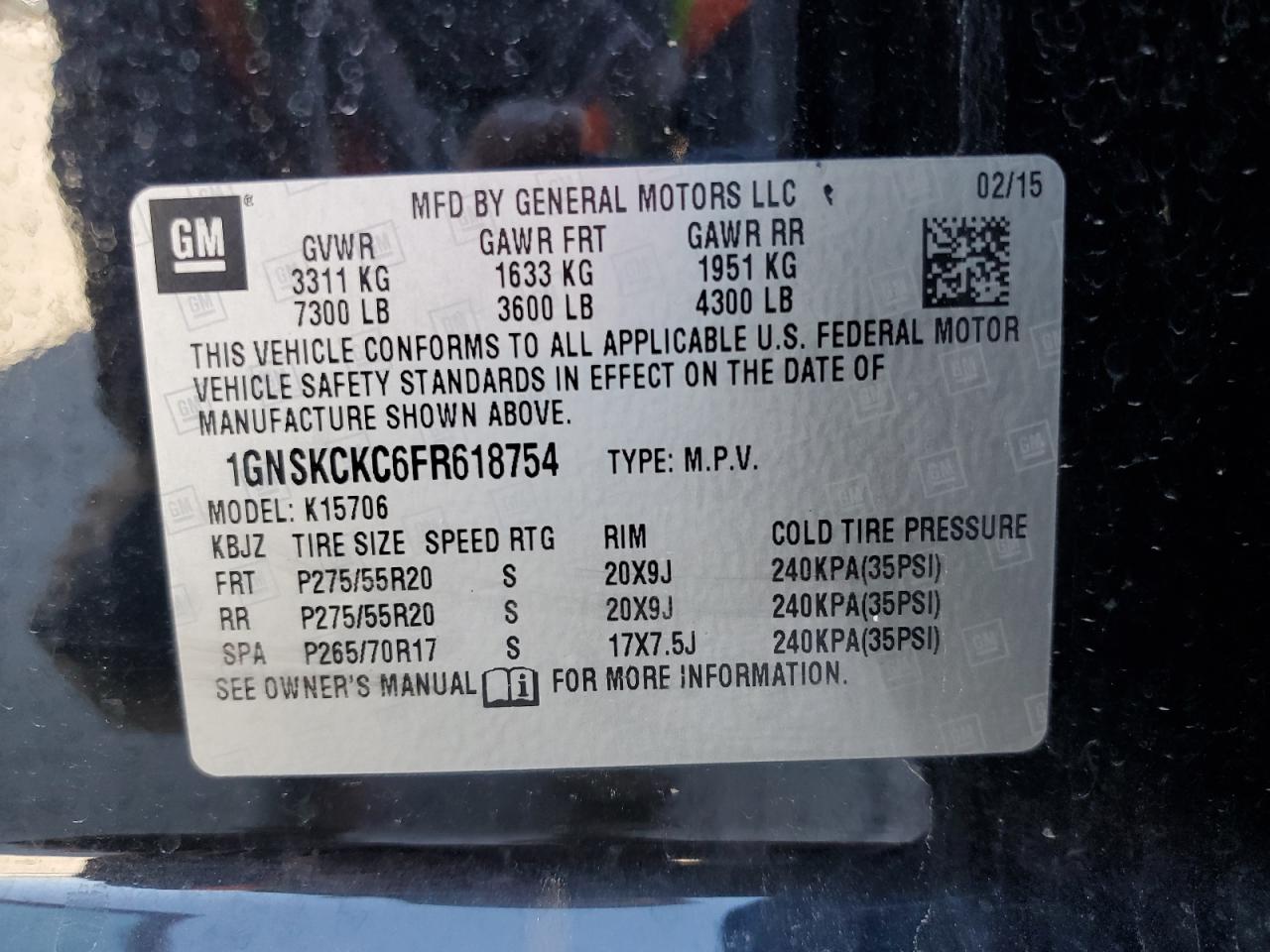 2015 Chevrolet Tahoe K1500 Ltz VIN: 1GNSKCKC6FR618754 Lot: 48850585