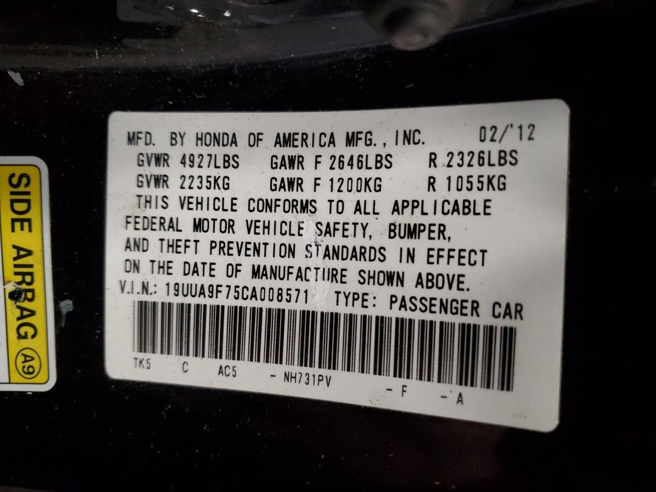 2012 Acura Tl VIN: 19UUA9F75CA008571 Lot: 48039945