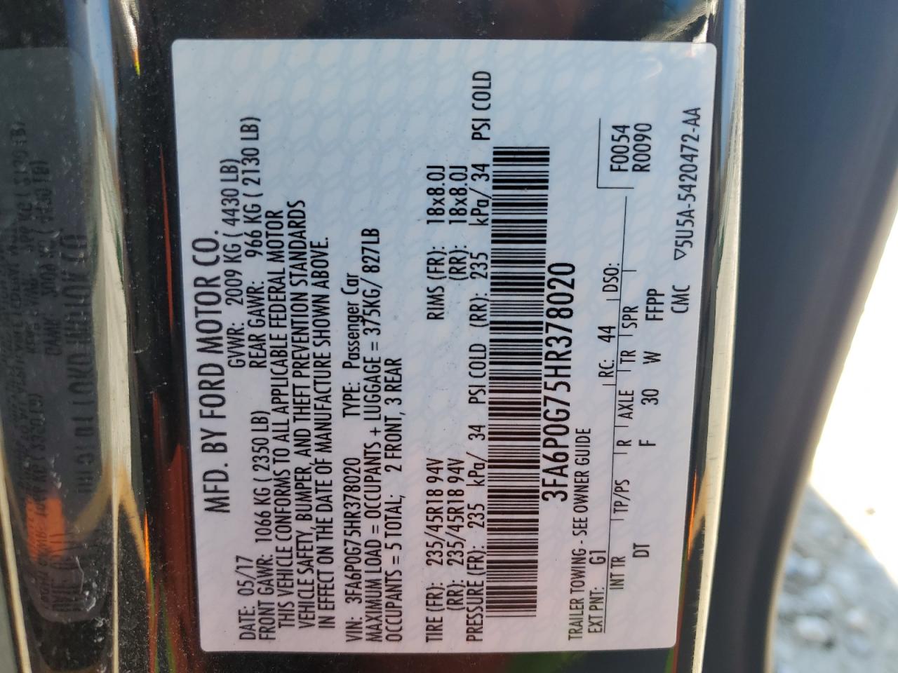 3FA6P0G75HR378020 FORD FUSION 2017