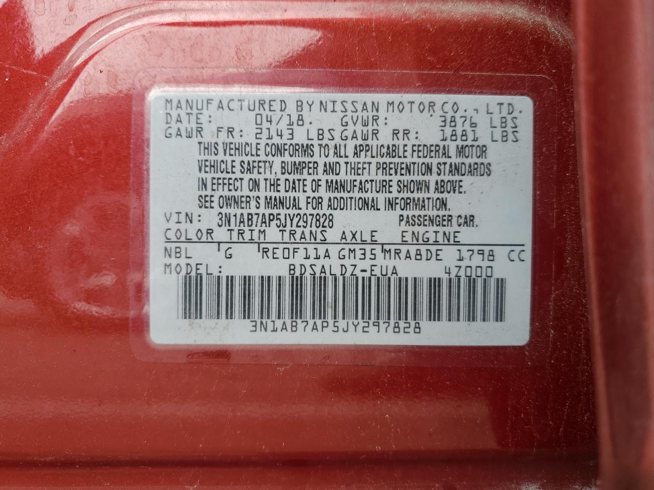 2018 Nissan Sentra S VIN: 3N1AB7AP5JY297828 Lot: 51017625