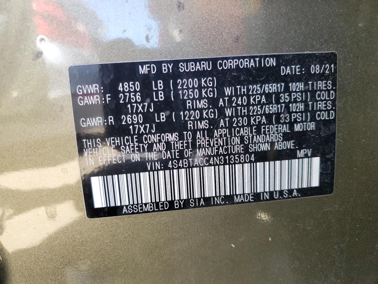2022 Subaru Outback Premium VIN: 4S4BTACC4N3135804 Lot: 50265825
