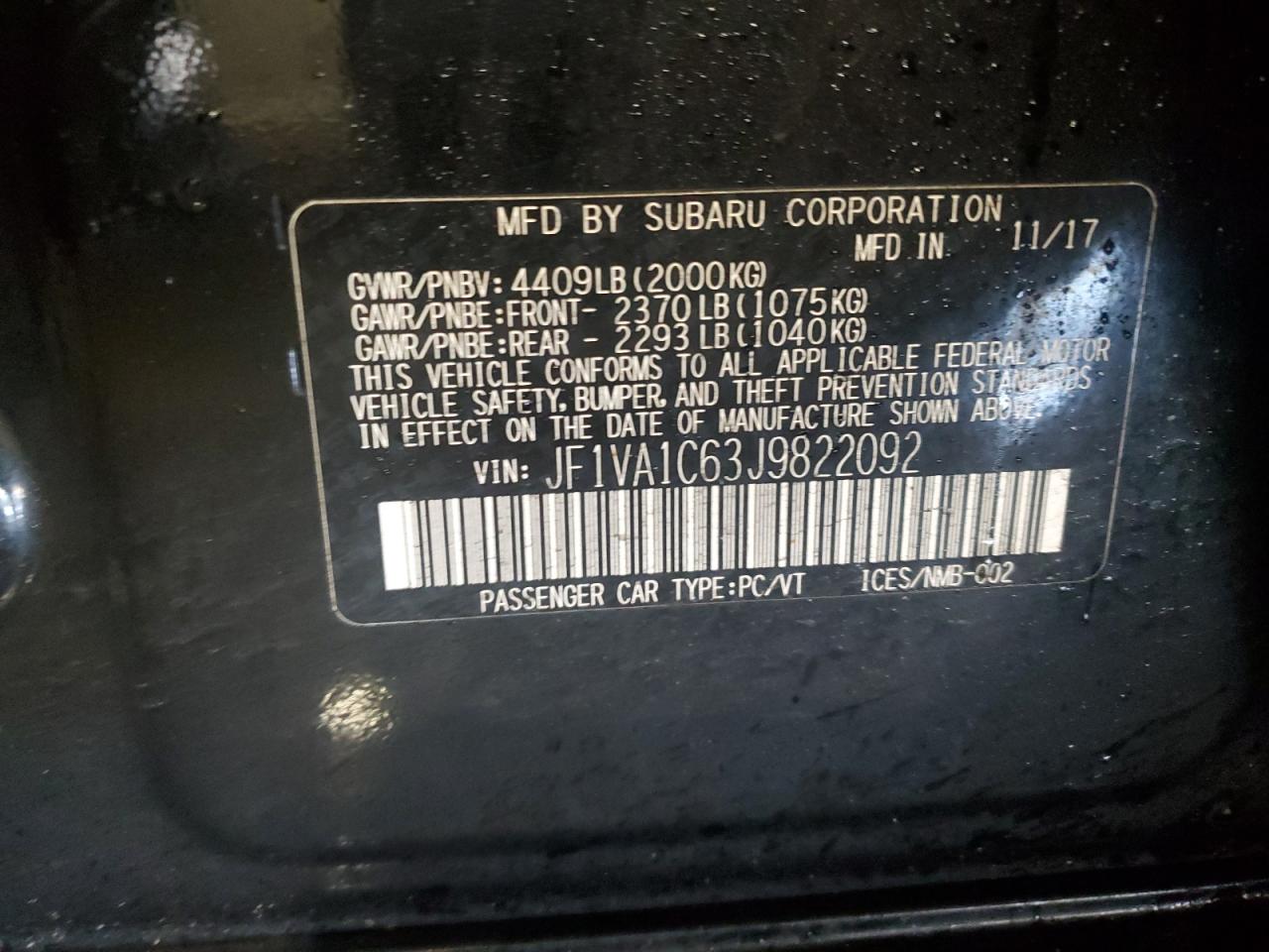 2018 Subaru Wrx Premium VIN: JF1VA1C63J9822092 Lot: 48541335