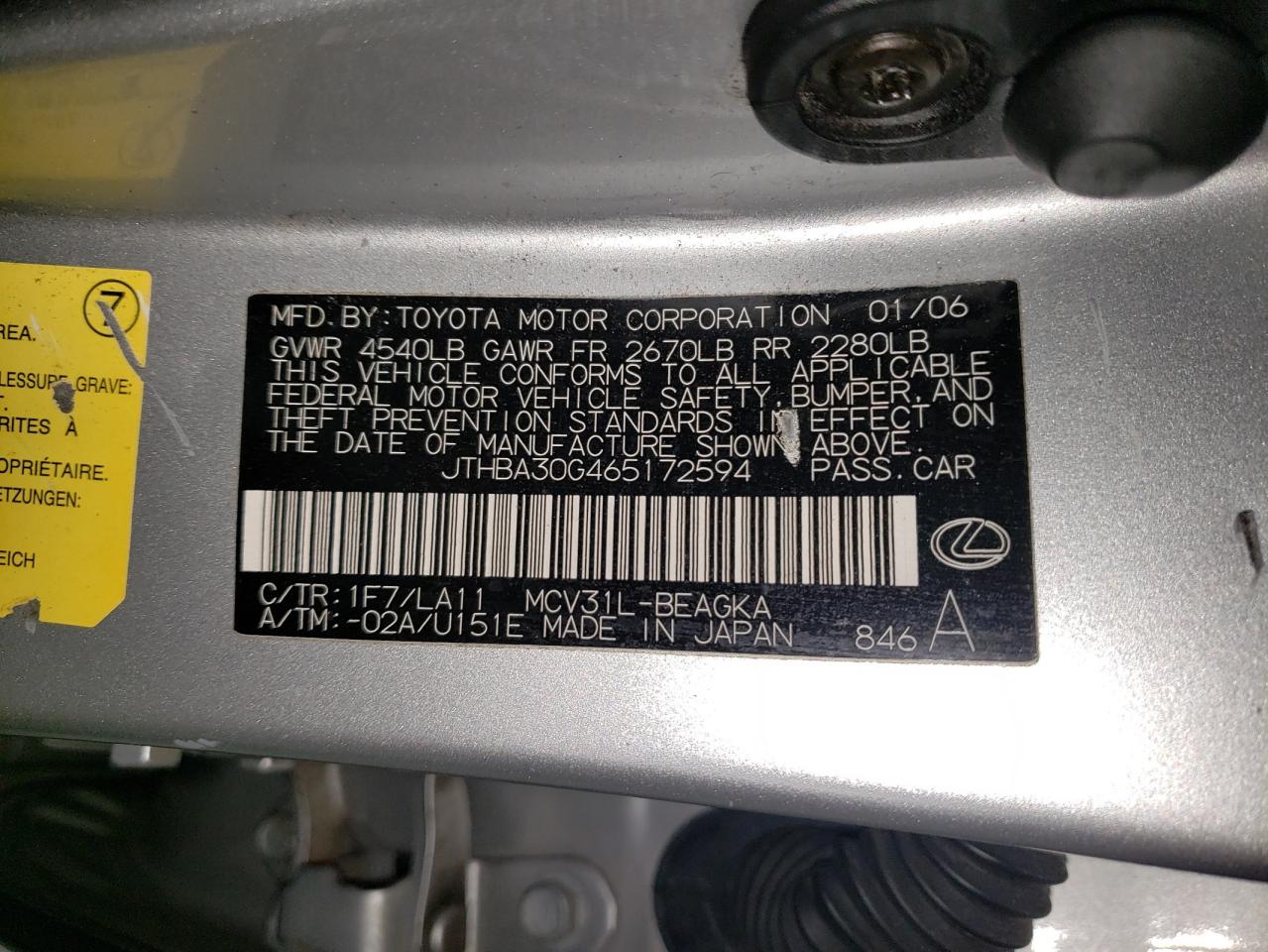 2006 Lexus Es 330 VIN: 0000A30G465172594 Lot: 50166765