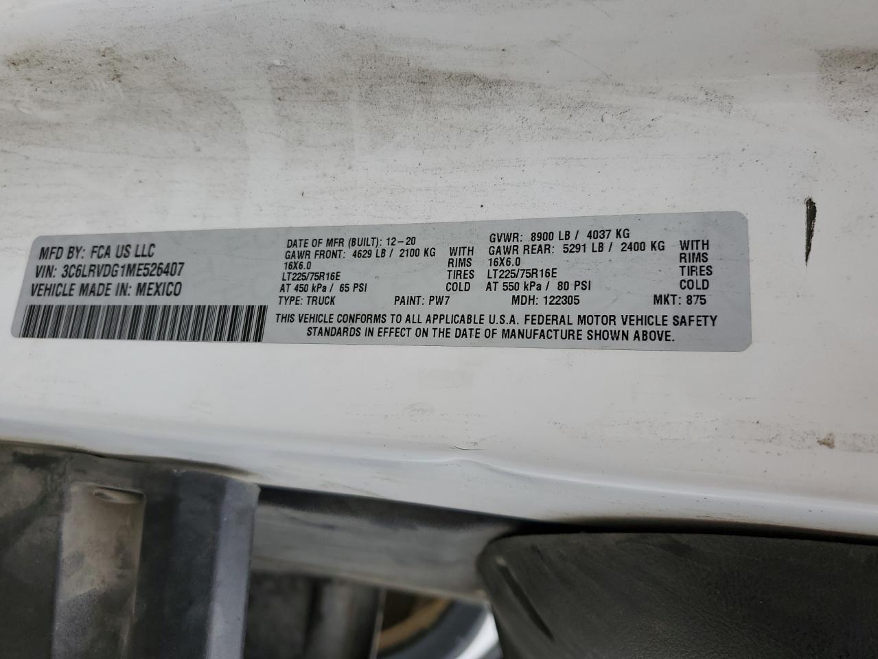 2021 Ram Promaster 2500 2500 High VIN: 3C6LRVDG1ME526407 Lot: 48730825