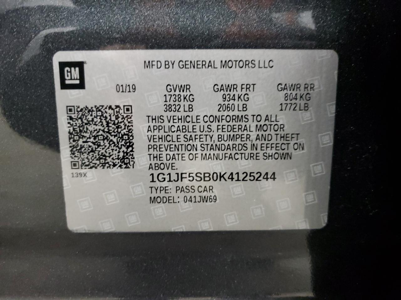 2019 Chevrolet Sonic Premier VIN: 1G1JF5SB0K4125244 Lot: 50594145