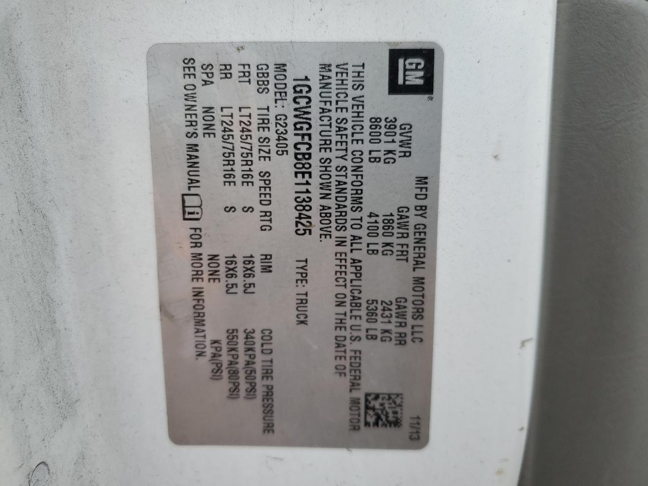 2014 Chevrolet Express G2500 VIN: 1GCWGFCB8E1138425 Lot: 49787085