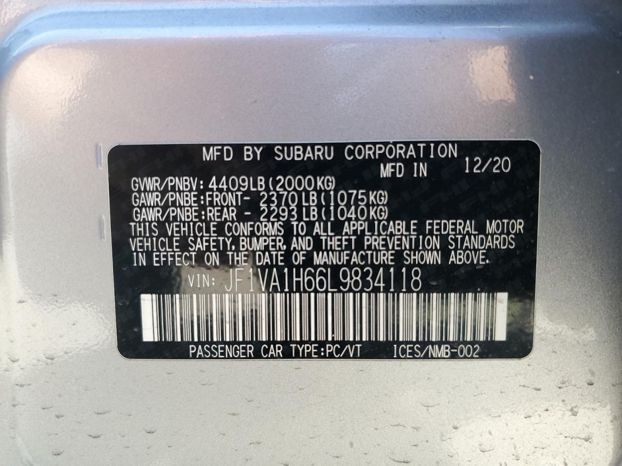 2020 Subaru Wrx Limited VIN: JF1VA1H66L9834118 Lot: 48536945