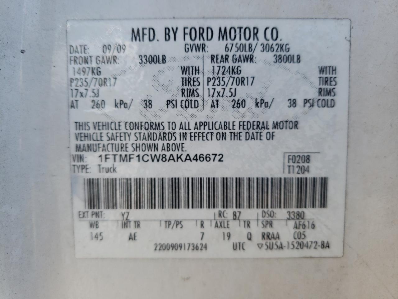 2010 Ford F150 VIN: 1FTMF1CW8AKA46672 Lot: 50920375