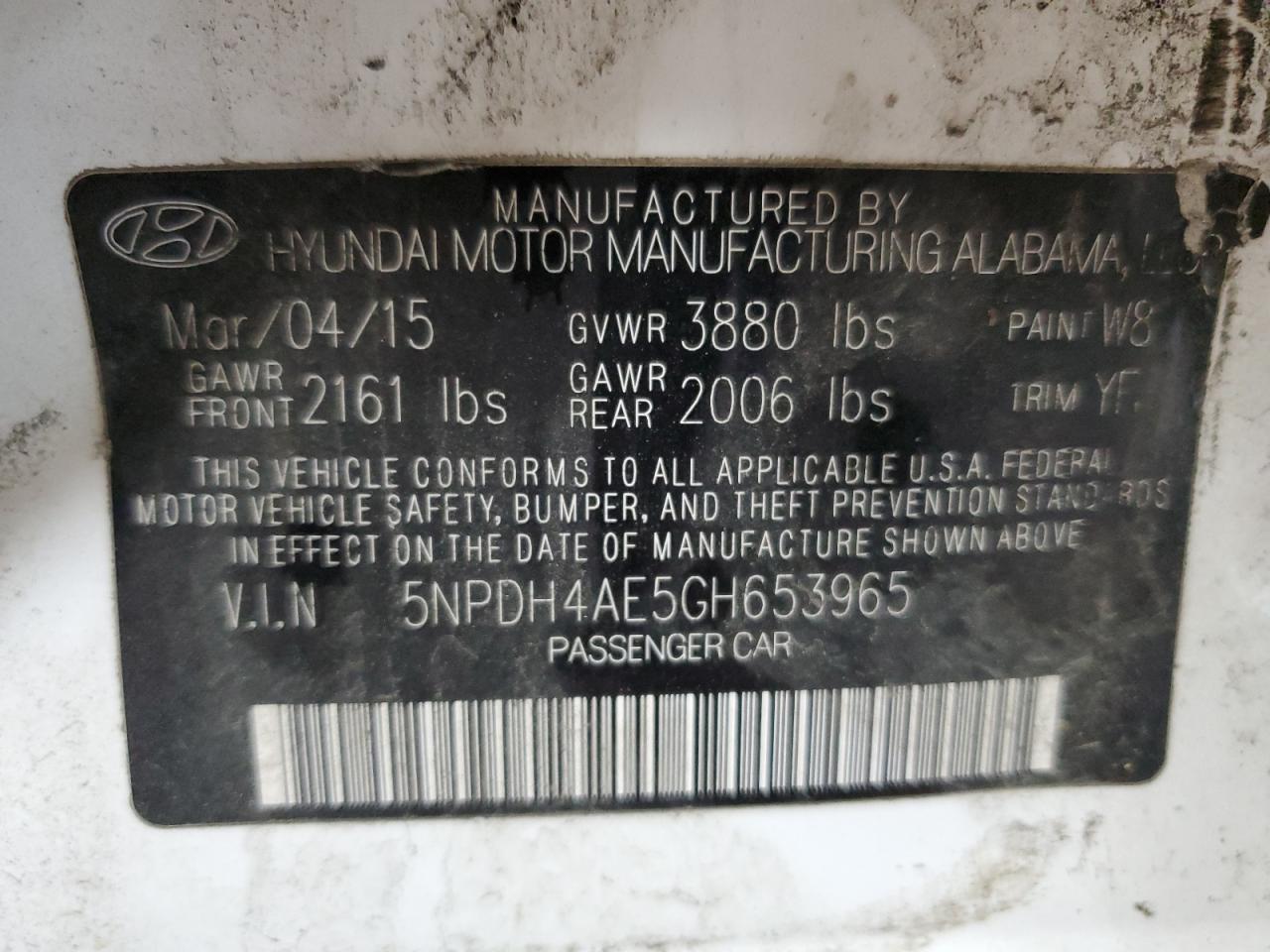2016 Hyundai Elantra Se VIN: 5NPDH4AE5GH653965 Lot: 49881645