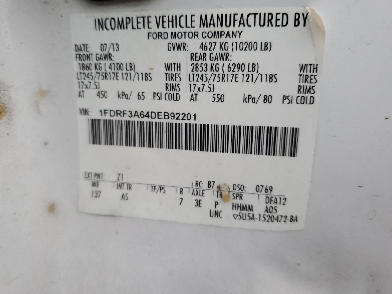 2013 Ford F350 Super Duty VIN: 1FDRF3A64DEB92201 Lot: 49811885