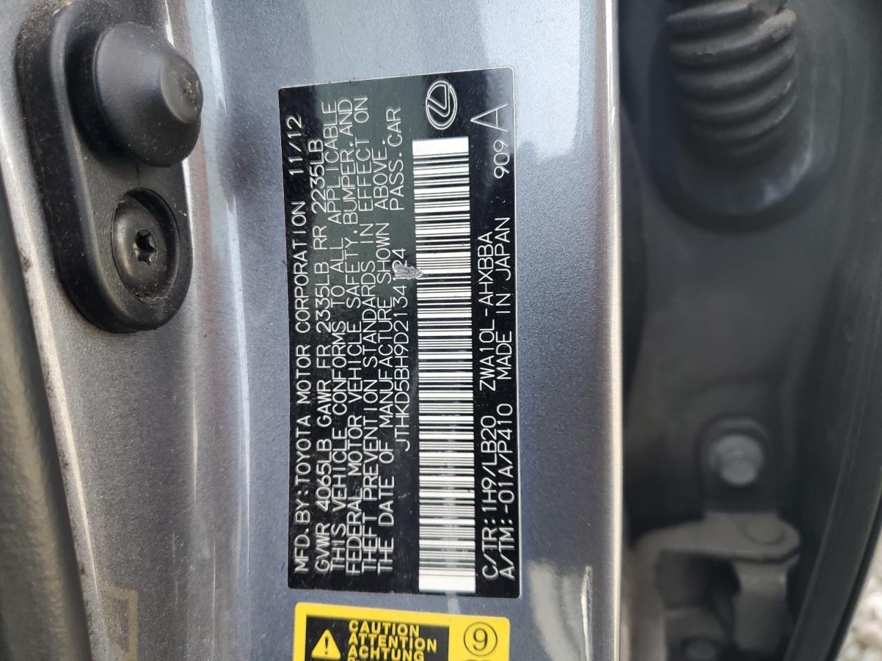 2013 Lexus Ct 200 VIN: JTHKD5BH9D2134124 Lot: 47946495