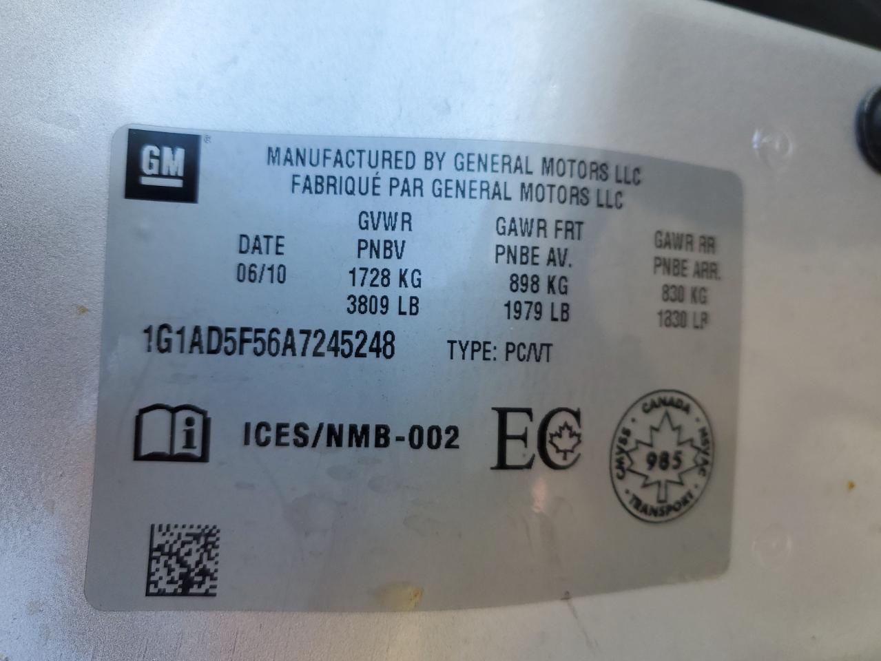 2010 Chevrolet Cobalt 1Lt VIN: 1G1AD5F56A7245248 Lot: 47647095