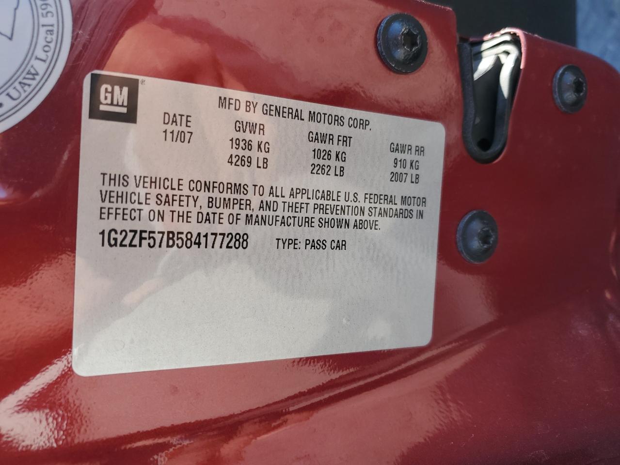 2008 Pontiac G6 Value Leader VIN: 1G2ZF57B584177288 Lot: 49843355