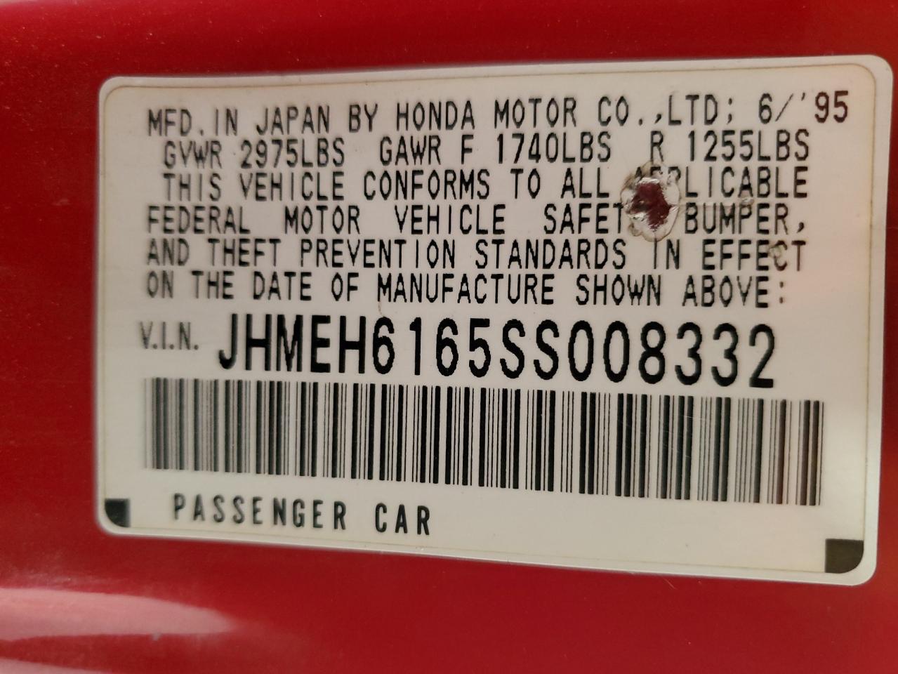 1995 Honda Civic Del Sol Si VIN: JHMEH6165SS008332 Lot: 50648475