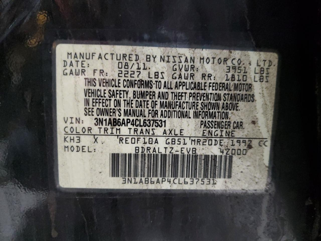 2012 Nissan Sentra 2.0 VIN: 3N1AB6AP4CL637531 Lot: 47745225