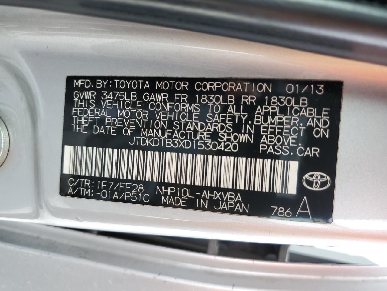jtdkdtb3xd1530420 JTDKDTB3XD1530420 2013 Toyota Prius C