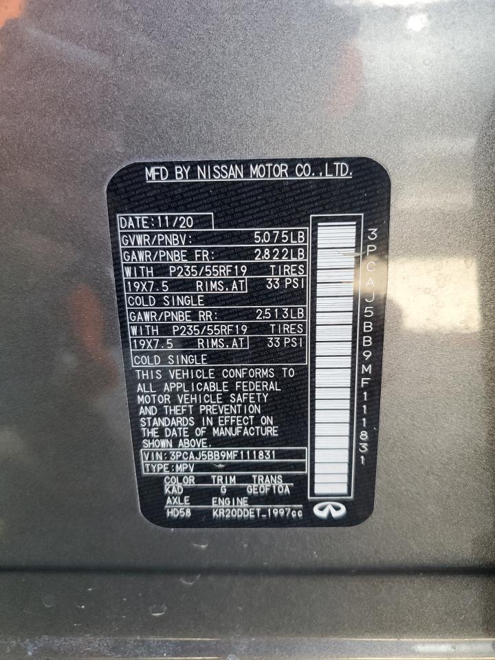2021 Infiniti Qx50 Luxe VIN: 3PCAJ5BB9MF111831 Lot: 50142565